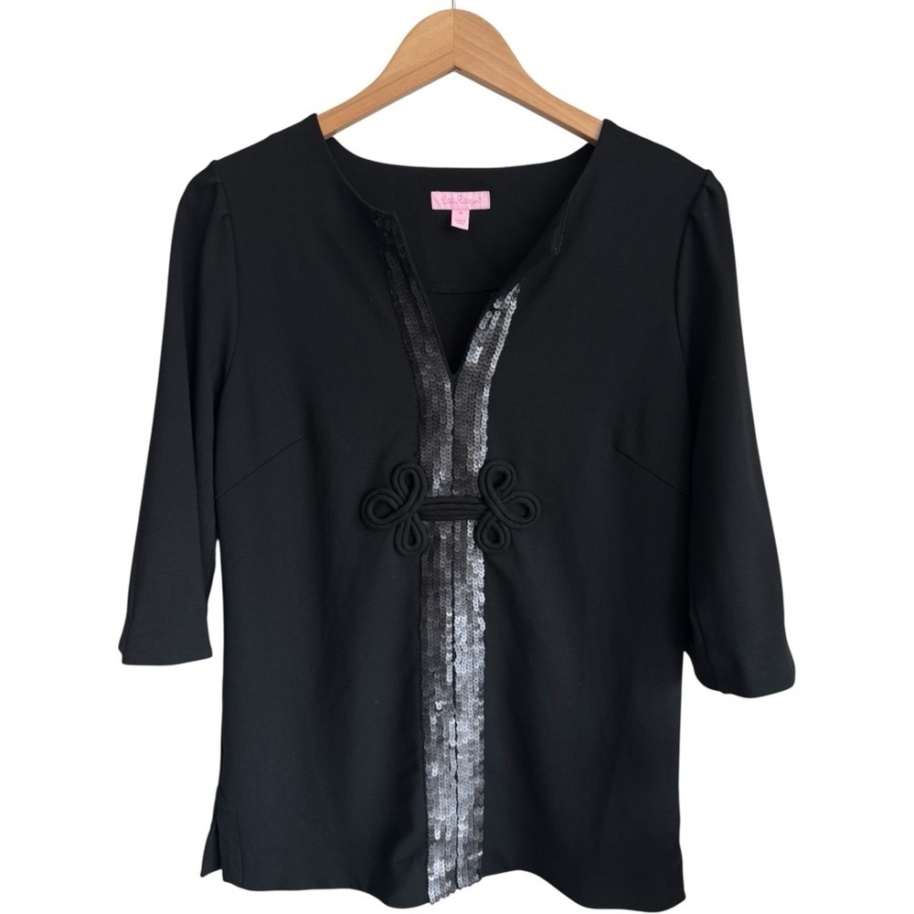 LILLY PULITZER Black Sequin V-Neck Tunic Top 3/4 Sleeves | Dressy Resort 10
